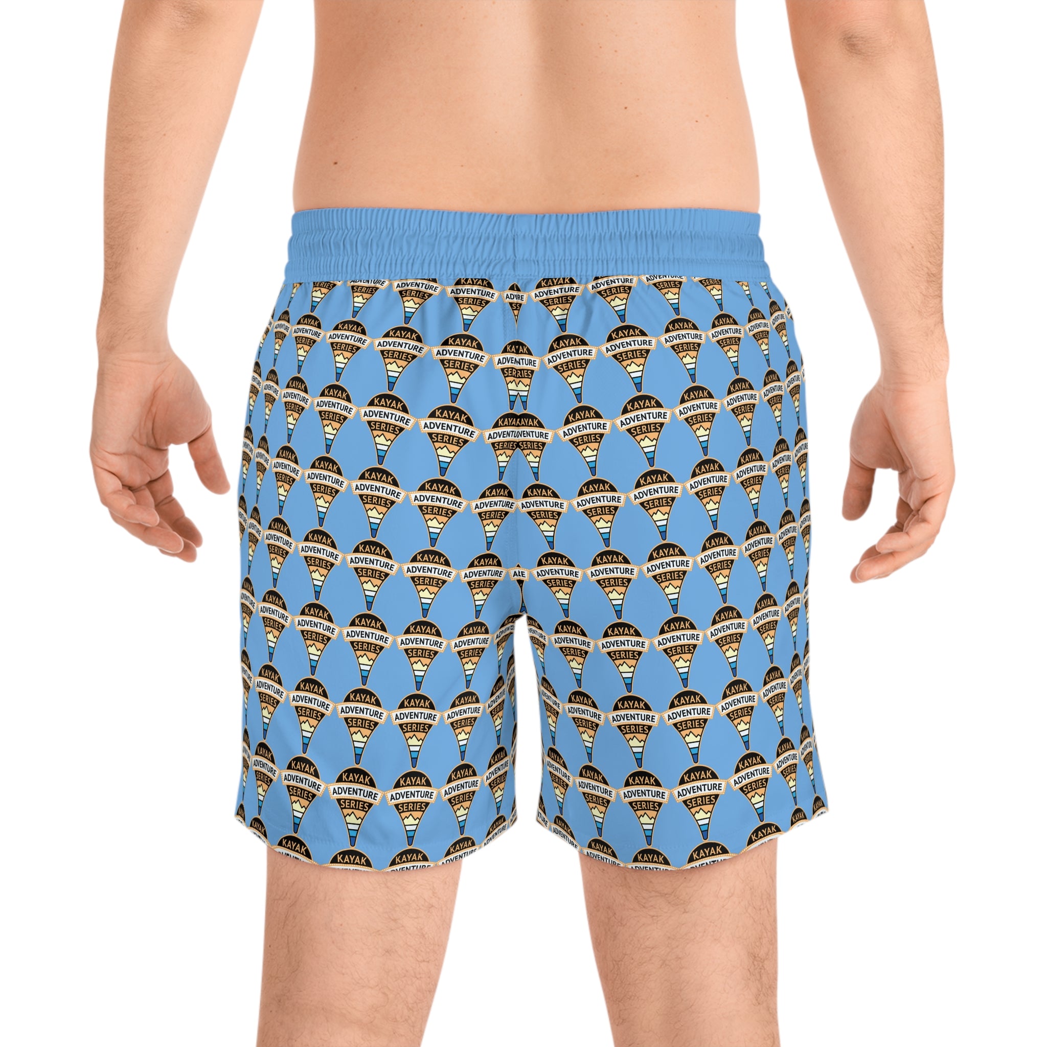 Retro KAS Map Pin Logo -- Men's Mid-Length Beach Trunks (light blue)